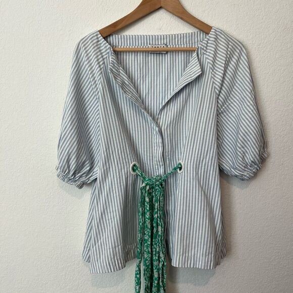 Tanya Taylor Menswear Striped Suma 3/4 Sleeve Tie Waist Blouse Women's Size 4 - Picture 3 of 8